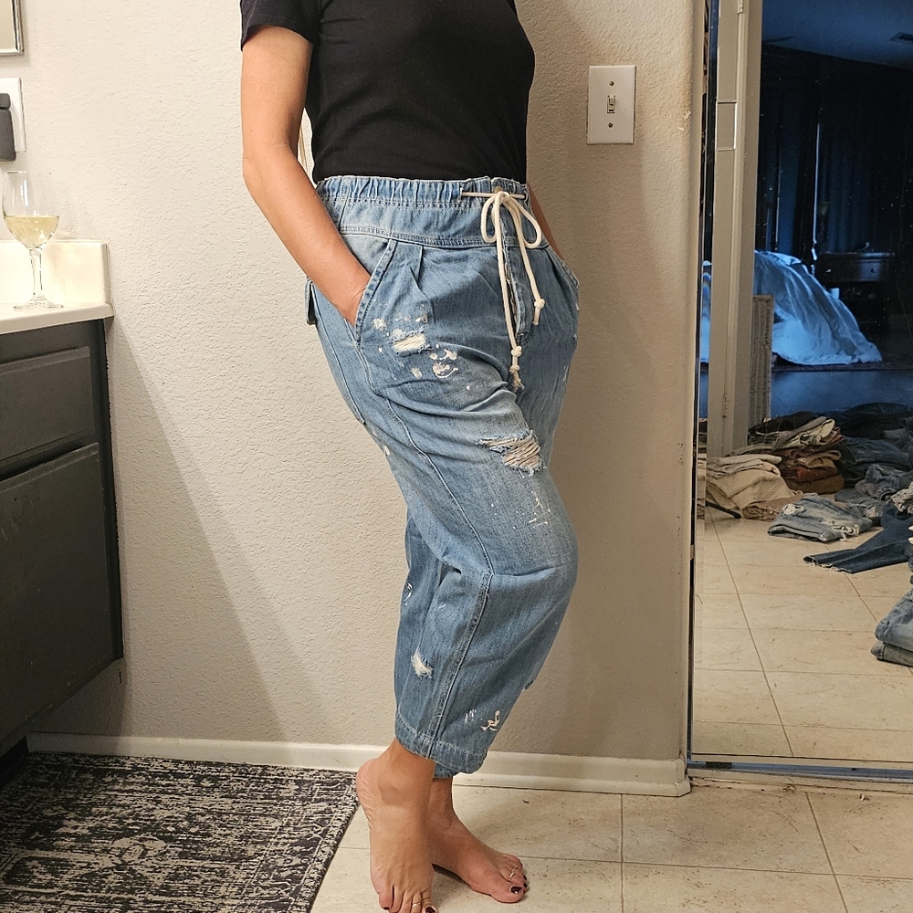 Free People Womens Elastic Waist Drawstring Cropped Distressed Small Blue Jeans